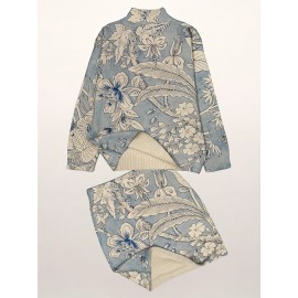 Women's 3D All Over Printed Knitwear Set High Neck Long Sleeve Sweater and Skirt Mid Weight Autumn Winter Outfit Vintage Botanical Pattern Casual Elegant Warm and Comfortable