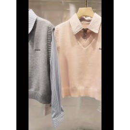 Women's Elegant Collar Sweater - Two-in-One Mock Layering Design, All-Season Office & Formal Events Sweater in Grey & Blue Horizontal Stripes, Non-Transparent Sweater for Women, Ladies Sweaters, Comfortable Fit