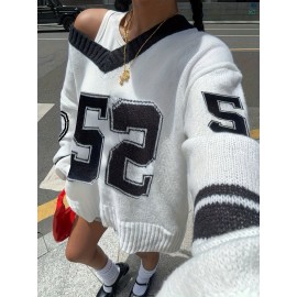 Women'S Elegant V-Neck Sweater with Heart Print - Casual Off-Shoulder Pullover, Black & White, Long Sleeve, Ribbed, Perfect for Office, College, or Casual Attire, Casual Attire Sweater | Offshoulder Fashion | Ribbed Texture