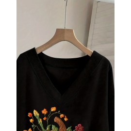 Women'S Halloween Witch Print Sweater - V-Neck Long Sleeve Pullover with Pumpkin & Floral Design, Loose Fit Casual Sweater for Fall/Winter, Halloween Clothes, Seasonal Fashion, Frenchinspired Style, Comfortable Wear, Fall Fashion, Frenchinspired Des