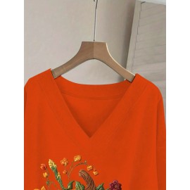 Women'S Halloween Witch Print Sweater - V-Neck Long Sleeve Pullover with Pumpkin & Floral Design, Loose Fit Casual Sweater for Fall/Winter, Halloween Clothes, Seasonal Fashion, Frenchinspired Style, Comfortable Wear, Fall Fashion, Frenchinspired Des