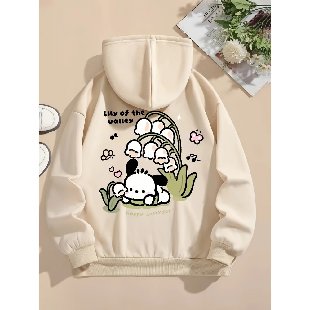 [Cute Cartoon Hoodie] Cute Cartoon Graphic Women's Fashion Hoodie | Long Sleeve, Drawstring Hood, Beige, Casual Fall/Winter Pullover