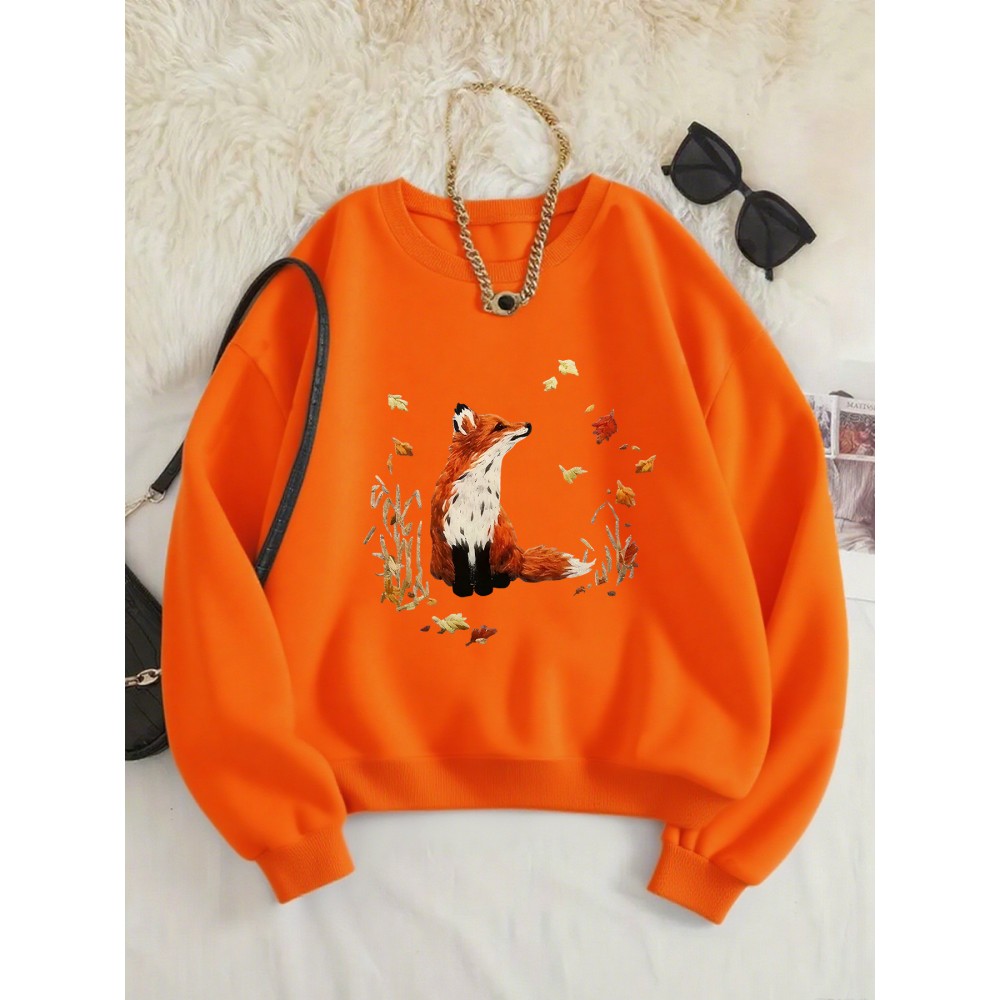 Women'S Cozy Crew Neck Sweatshirt with Vibrant Fox & Floral Print - Casual Long Sleeve Pullover for Fall & Winter, Soft Polyester Blend, Machine Washable, Allseason Apparel | Vibrant Print Top | Polyester Blend, Fox Sweatshirt