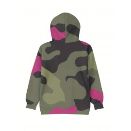 Women's Full-Body Pink & Green Camo Sweatshirt - Long Sleeve Hoodie with Drawstring Hood, Stretchy Polyester Pullover for Casual Streetwear, Everyday Outfits - Machine Washable Women's Clothing, Spring Autumn Apparel, Comfortable Fit