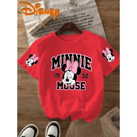 Disney Minnie Mouse 32nd Birthday T-Shirt - Black Casual Short Sleeve Tee with Pink Bow & Red Accents, Lightweight Polyester, Perfect Gift for Disney Fans, Spring/Summer Wear, Disney Shirts