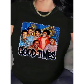 Women's Vintage Graphic T-Shirt - Retro Good Times Text & Group Photo Print Tee - Bright Orange Casual Summer Shirt - Lightweight Everyday Streetwear Top for Women, Relaxed Weekend Wear, Bold Typography Design, Easy Care Clothing, Fashion Enthusiasts