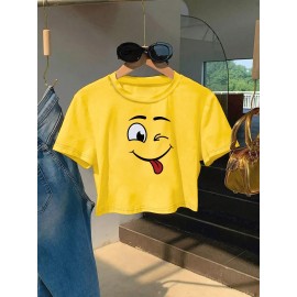 Women's Sexy Slim Fit Cropped T-Shirt - Dark Green joyful Face Tee, Machine Washable Casual Summer Top for Everyday Outfits & Parties, Ladies T Shirts, Weekend Fashion, Trendy Tee, Soft Texture, Short Sleeve Shirt, Fashion Lovers