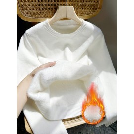 [Soft Thermal Sweater] Soft & Comfortable Women's Thermal Round-Neck Loose Fit Long Sleeve Sweater | All-Season Casual Top, Solid Color, Easy Care Hand Wash/Dry Clean, Medium Stretch, Clean Design