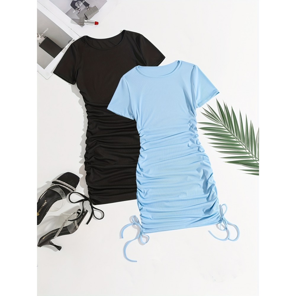 Women's 2pcs Set Summer Solid Color Striped Pleated Tie-Back Round Neck Short Sleeve Dress Special Edition