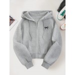 Women'S Casual Gray Hoodie with Double Bow Print - Long Sleeve, Zip-Up Pullover, All-Season Comfort, Casual Wear Hoodie|Casual Style Hoodie|Zippered Hoodie
