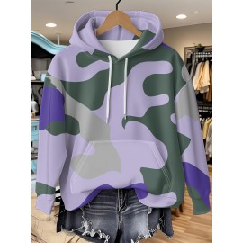 Women's Full-Body Pink & Green Camo Sweatshirt - Long Sleeve Hoodie with Drawstring Hood, Stretchy Polyester Pullover for Casual Streetwear, Everyday Outfits - Machine Washable Women's Clothing, Spring Autumn Apparel, Comfortable Fit