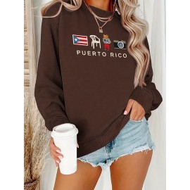[Graphic Print Sweatshirt] Polyester Women's Puerto Rico Graphic Print Sweatshirt | Oversized Fit, Crew Neck Long Sleeve Pullover, Geometric Pattern with Applique Detail | Casual for Fall/Winter, Machine Washable
