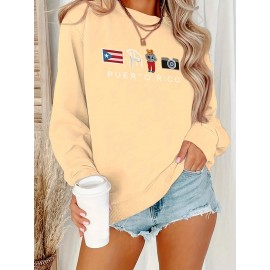 [Graphic Print Sweatshirt] Polyester Women's Puerto Rico Graphic Print Sweatshirt | Oversized Fit, Crew Neck Long Sleeve Pullover, Geometric Pattern with Applique Detail | Casual for Fall/Winter, Machine Washable