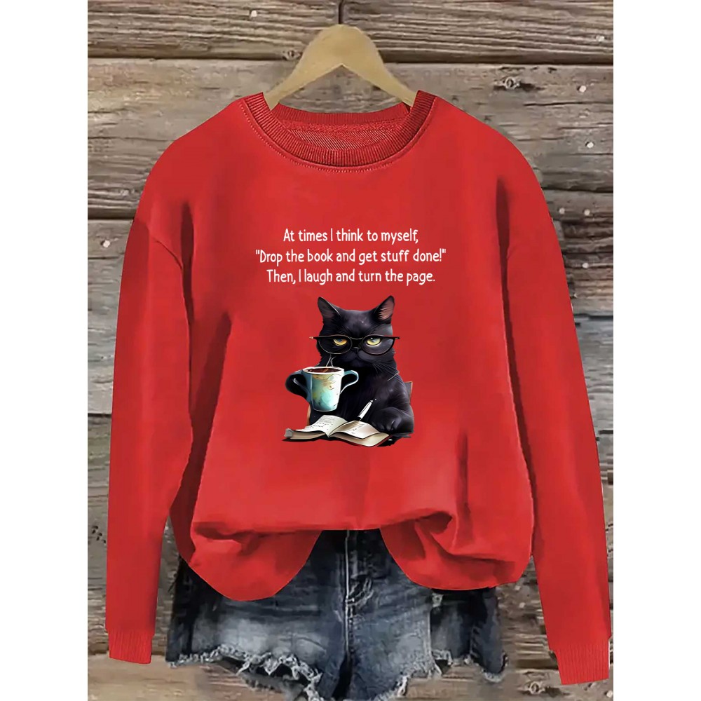 Women'S Casual Crew Neck Sweatshirt with Cat & Book Quote, 100% Polyester Knit Fabric, Animal Pattern, All-Season Lightweight 260gsm - Fall & Spring Fashion Top