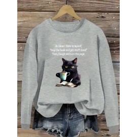 Women'S Casual Crew Neck Sweatshirt with Cat & Book Quote, 100% Polyester Knit Fabric, Animal Pattern, All-Season Lightweight 260gsm - Fall & Spring Fashion Top