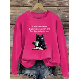 Women'S Casual Crew Neck Sweatshirt with Cat & Book Quote, 100% Polyester Knit Fabric, Animal Pattern, All-Season Lightweight 260gsm - Fall & Spring Fashion Top
