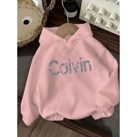 Women's CALVIN Letter Print Hooded Sweatshirt - Oversized Kangaroo Pocket & Drawstring Hood, Cozy Fall Winter Sweater with White CALVIN Logo, Casual Pullover (Machine Washable) for Casual Attire