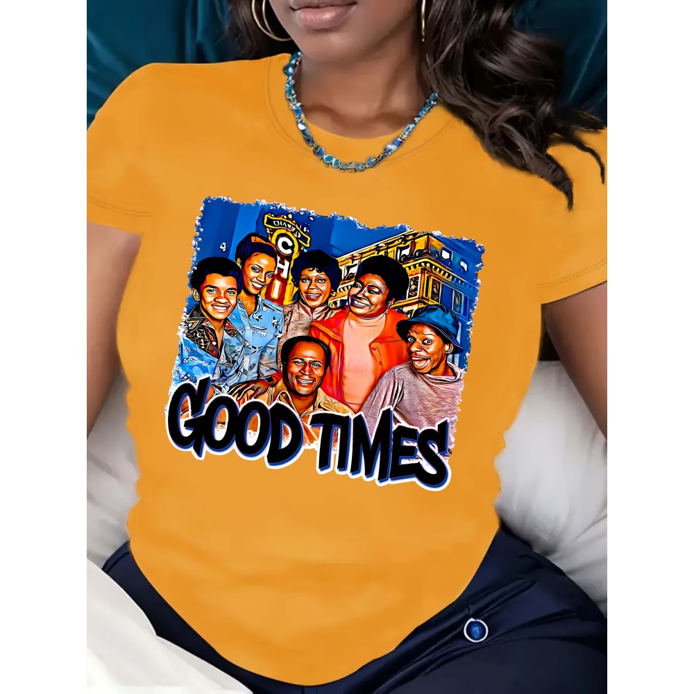 Women's Vintage Graphic T-Shirt - Retro Good Times Text & Group Photo Print Tee - Bright Orange Casual Summer Shirt - Lightweight Everyday Streetwear Top for Women, Relaxed Weekend Wear, Bold Typography Design, Easy Care Clothing, Fashion Enthusiasts