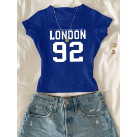 Women's White Crop T-Shirt - London '92 Numeric Graphic Tee - Stretchy Casual Summer Top - Vintage Streetwear Everyday Shirt - Non-See Through Crop Top for Women, Ladies T Shirts, Relaxed Fit Tee, Nontransparent Fabric