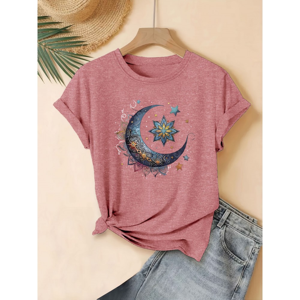 Women's Casual Short Sleeve Crew Neck T-Shirt - Vibrant Sun Moon Stars Paisley Print, Breathable Regular Fit Top for Spring Summer Fall, Machine Washable, Seasonal Fashion, Artistic Celestial Design, Comfortable Fabric