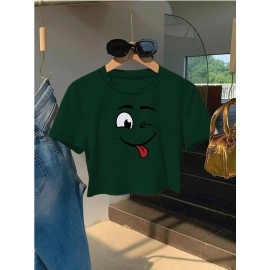 Women's Sexy Slim Fit Cropped T-Shirt - Dark Green joyful Face Tee, Machine Washable Casual Summer Top for Everyday Outfits & Parties, Ladies T Shirts, Weekend Fashion, Trendy Tee, Soft Texture, Short Sleeve Shirt, Fashion Lovers